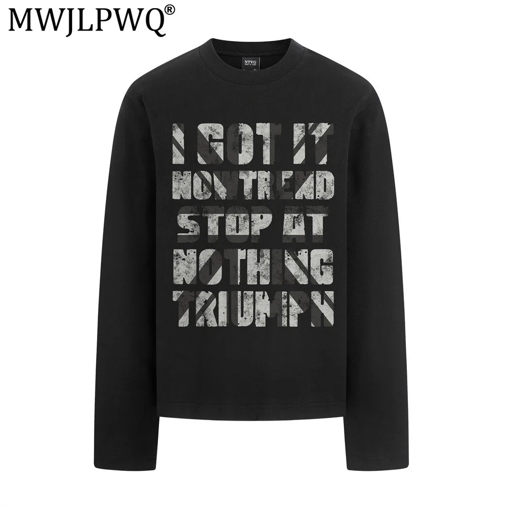 MWJLPWQ Vintage Letter Print Long Sleeve T-Shirt Men's Cotton Round Neck Casual Loose Fit Spring Autumn Ins Hip-Hop Street 20403
