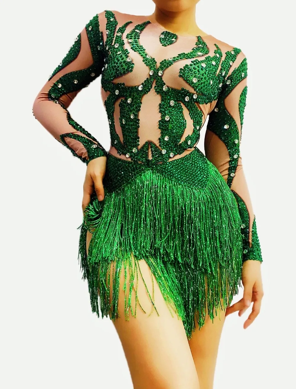 

New Sexy Green Rhinestone Fringe Spandex Bodysuit Birthday Celebrate Long Sleeves Outfit Bodysuit Women Dancer Singer Show Wear