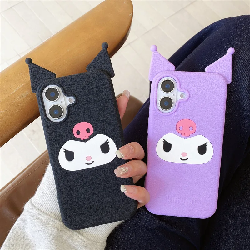 Kawaii Cute 3D Cartoon Kuromi Couple Phone Case For iPhone 16 15 14 13 Pro Max Plus Soft Silicone Shockproof Protective Cover