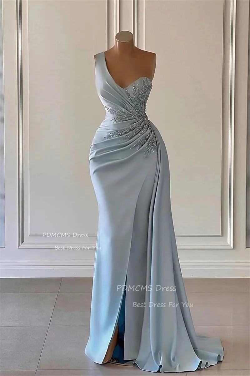 Sexy One Shoulder Prom Evening Dresses Customized Beaded Party Dress Sky Blue Split Mermaid Floor Cocktail Prom Gowns Plus Size