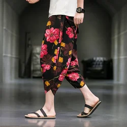 2025 Summer Harajuku Casual Calf Length Pants Mens Pants Wide Leg Cotton Linen Printing Harem Pants Men Clothing Fashion Baggy