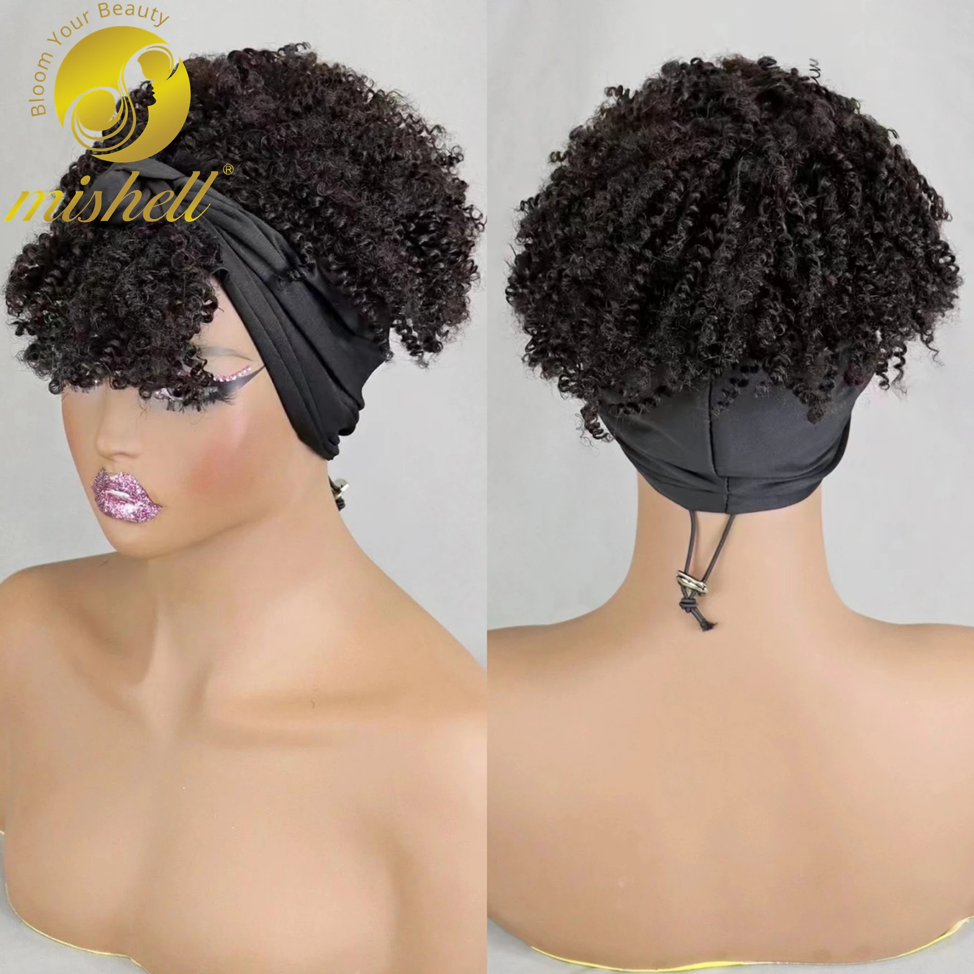 

200% Density Natural Afro Kinky Curly Scarf Wig with Bangs Machine Made Wig Curly 100% Human Hair Wig Preplucked for Black Women