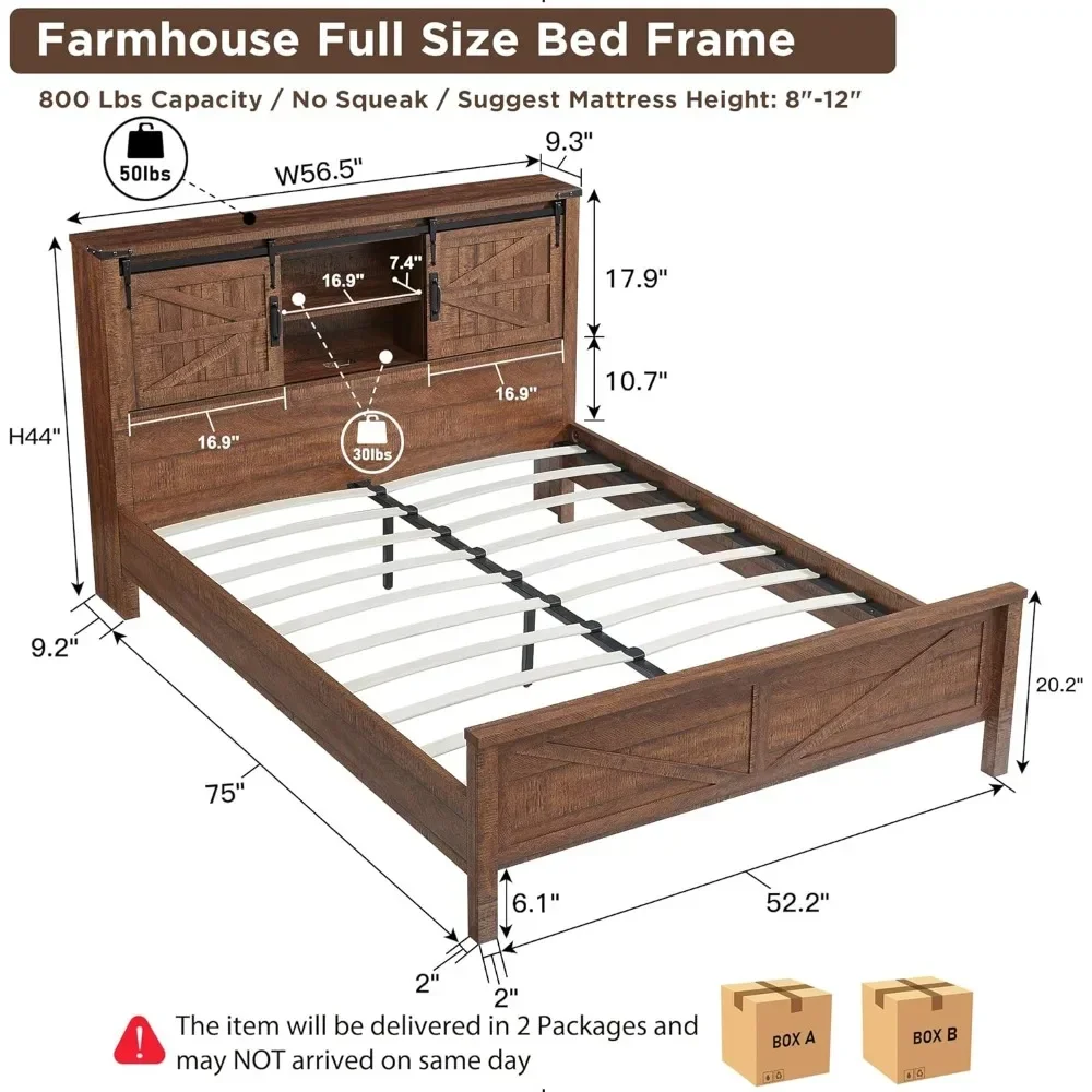 Farmhouse Full/Queen/King Size Bed Frame w/Storage Bookcase Headboard, Sliding Barn Door, Charging Station