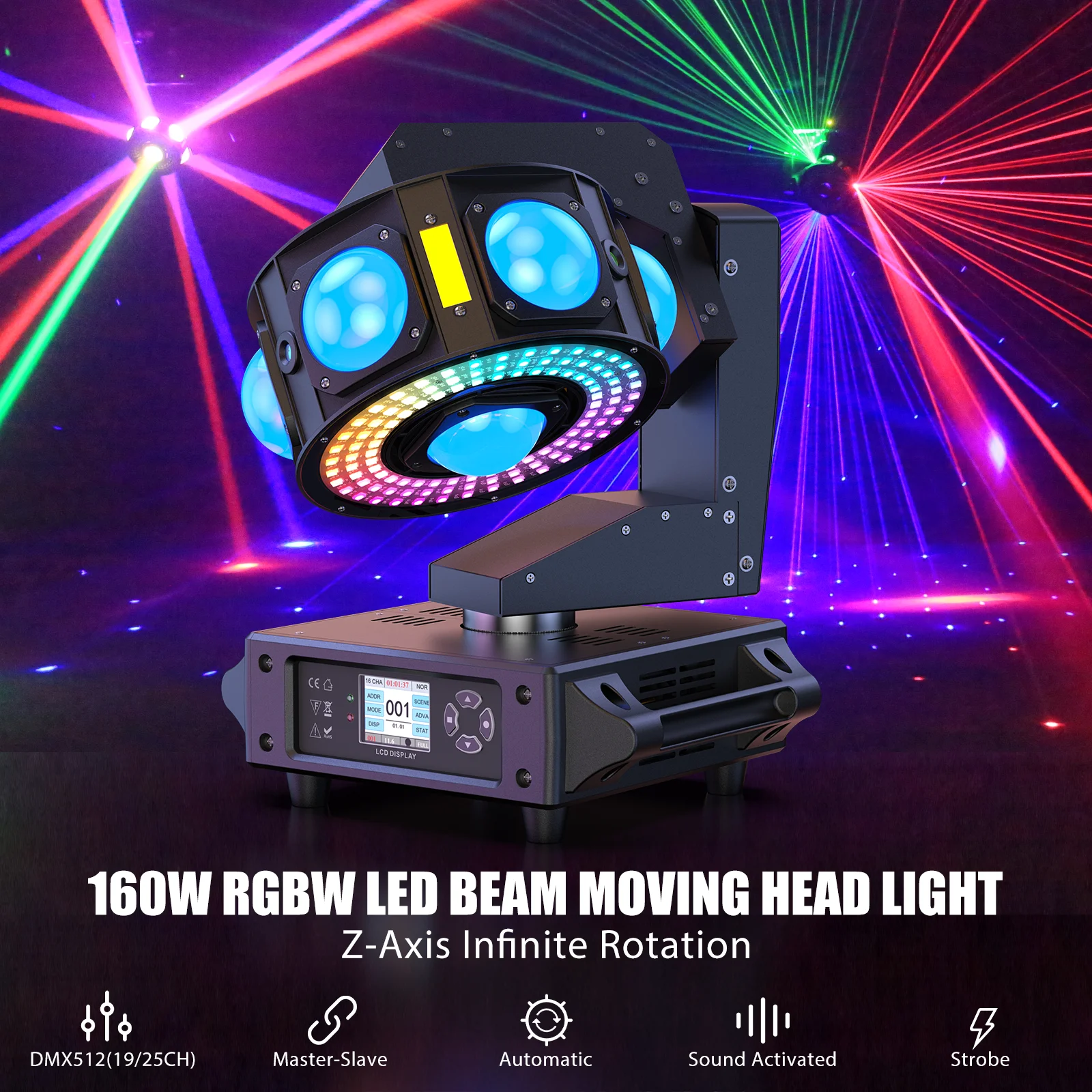 Datewink 160W LED Beam Moving Head Lights RGBW 360°Rotation Stage Lighting Projector DMX512 For Disco DJ Wedding Party Show Club