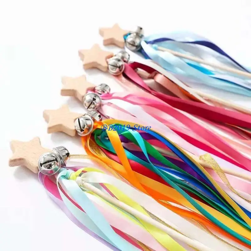 Q0KB Rainbow Ribbon Hand Bells Hand Kite Toy Toy เรียนรู้ของเล่น
