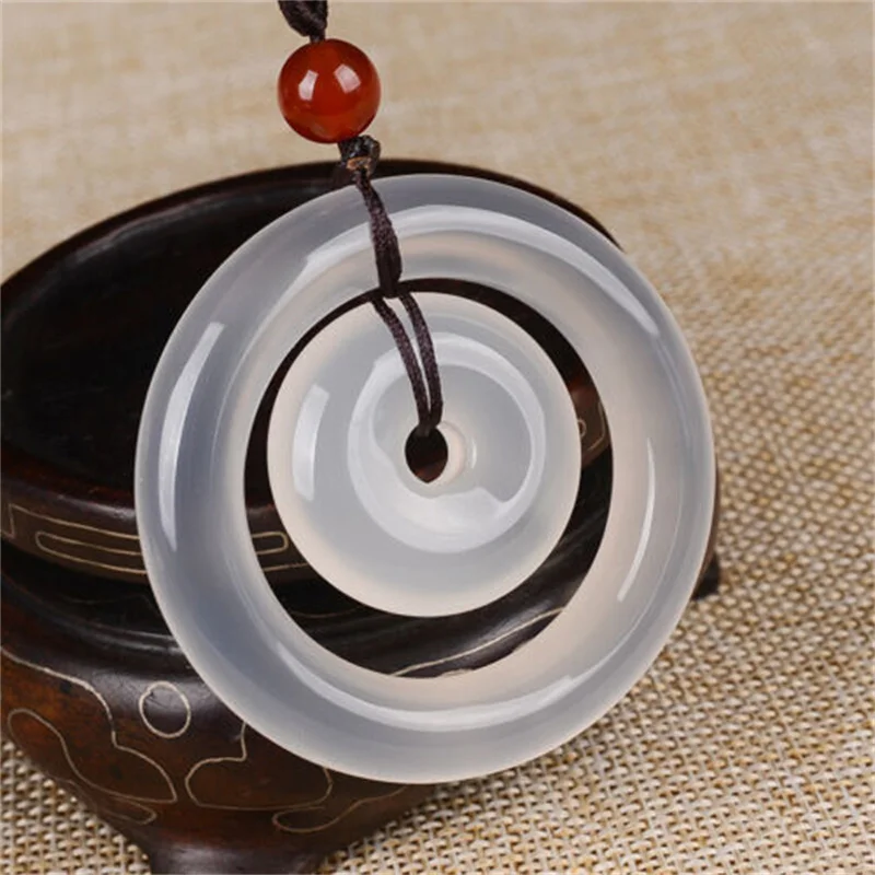 Natural Chinese icy White agate carving lucky ice safe buckle donut pendant