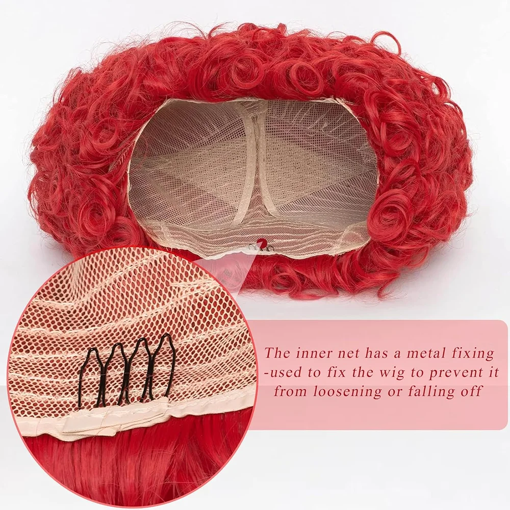 Red Queen Cosplay Wig Queen of Hearts Heart Shaped Bright Red Curly Hair Halloween Party Masquerade Women Anime Role Play Wig