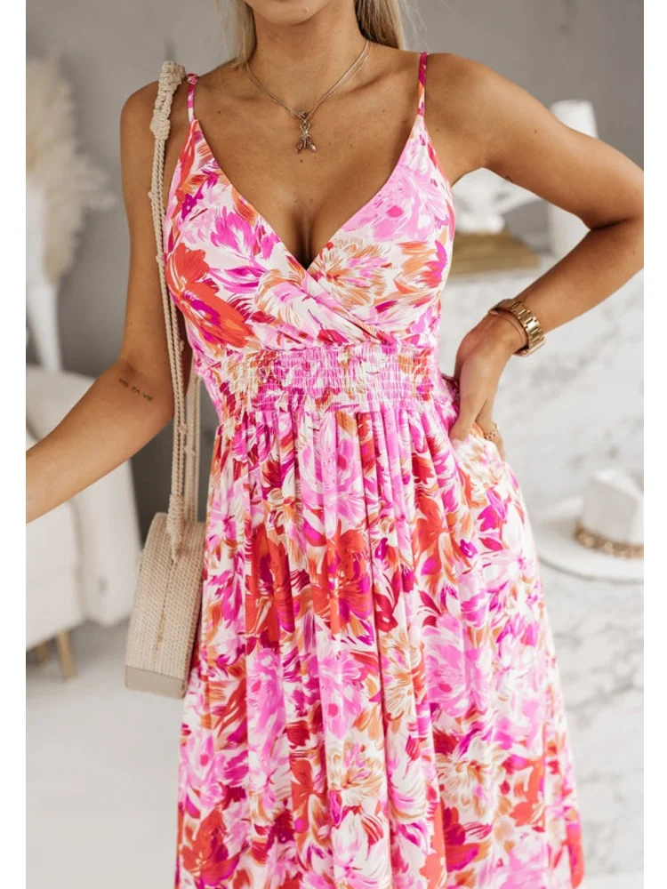 Abito da donna sexy con fionda floreale di nuova moda con scollo a V Abiti da sera estivi da sera Club Stampa Abito da spiaggia per le vacanze