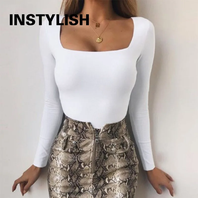 Elegant Long Sleeve Bodysuit Casual Square Collar Solid Bodycon Jumpsuit Women Autumn Slim Overalls Tops Streetwear Rompers