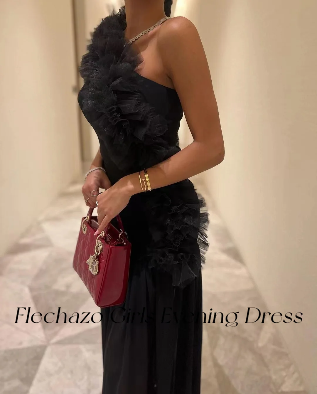 Flechazo Black Chiffon Evening Dresses One Shoulder Pleated Tiered Illusion Elgeant Party Dress For Women 2024 فساتين السهرة