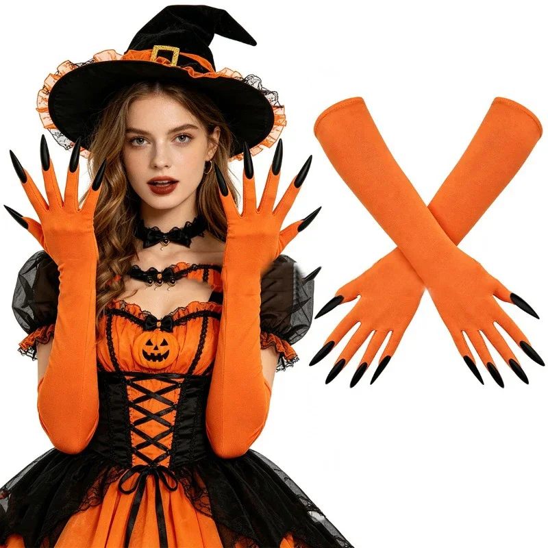Halloween Witch Long Gloves Black Claws Orange Stretchy Costume Accessories for Women Girls Cosplay Party Fancy Dress Gloves