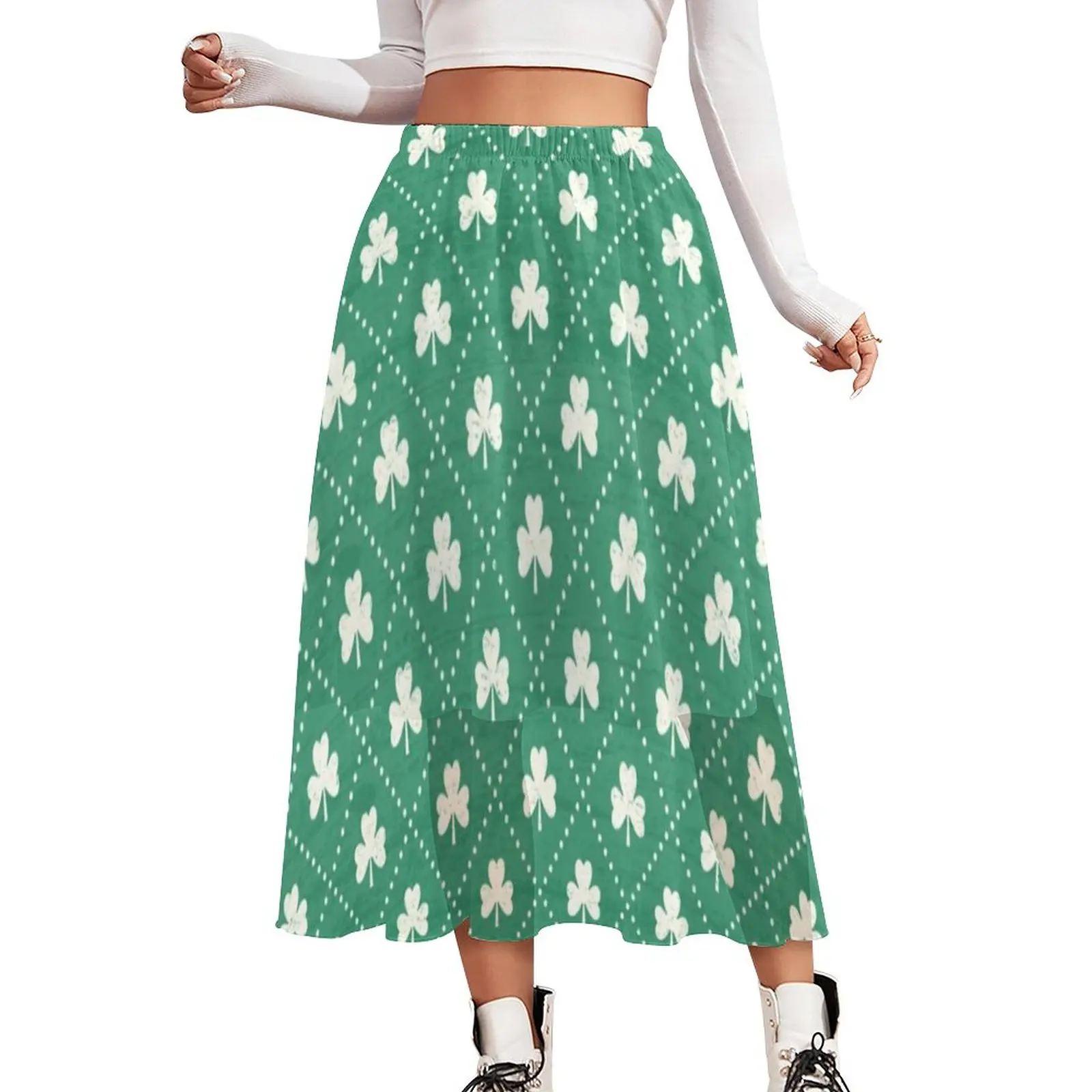 

St Patricks Day Skirt Shamrock On Emerald Vintage Boho Skirts Summer Street Style A-line Skirt Chiffon Pattern Oversized Clothes