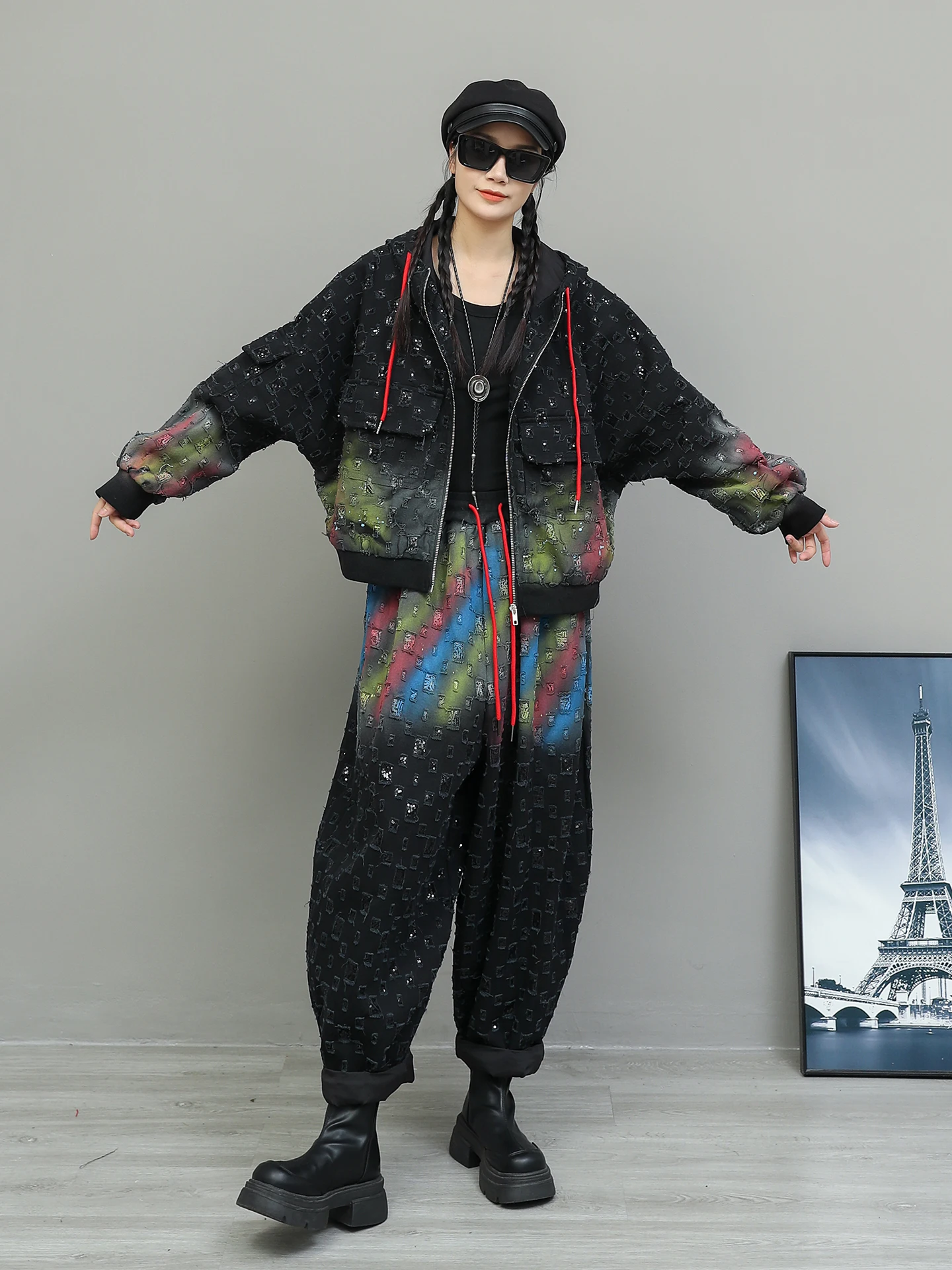 Personalized Colorful Graffiti Denim Hooded Jacket Harem Pants Two-piece Set For Women Autumn Loose Fashion Suit