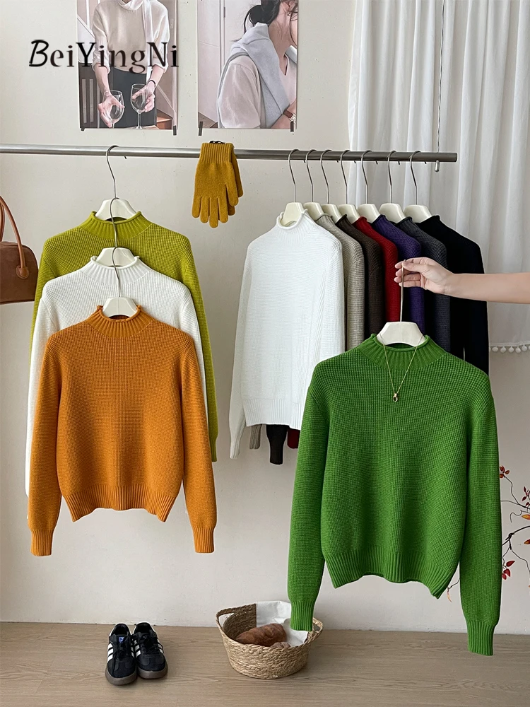 Beiyingni 2025 العصرية المرأة الوقوف طوق سترة الفرنسية أنيقة العقص كم طويل متماسكة القمم السيدات لون نقي بلوفر شتوي #2