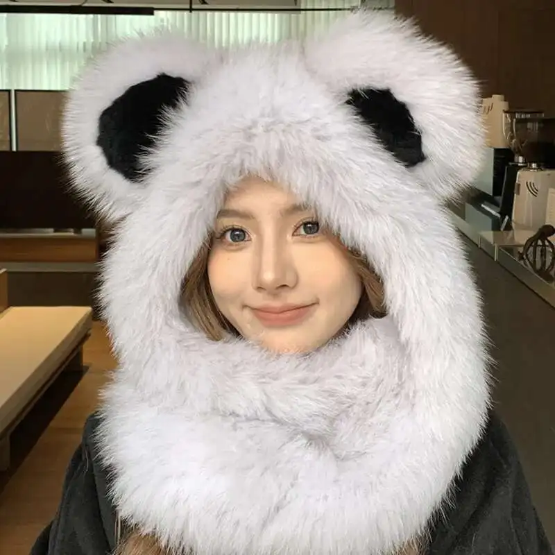 

Real Fox Fur Hat Scarf For Women Winter Fashion Knitted Snow Cap Outdoor Warm Scarf Hooded Russians Cute Little Bear Fur Caps