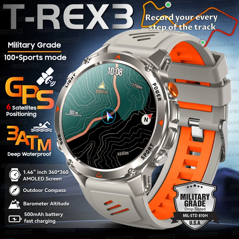 

Новинка 2025 года, военные T-Rex3, GPS, спортивные умные часы, мужские фитнес-трекеры, велосипедный бег, плавание, водонепроницаемые, компас, Bluetooth, умные часы с вызовом