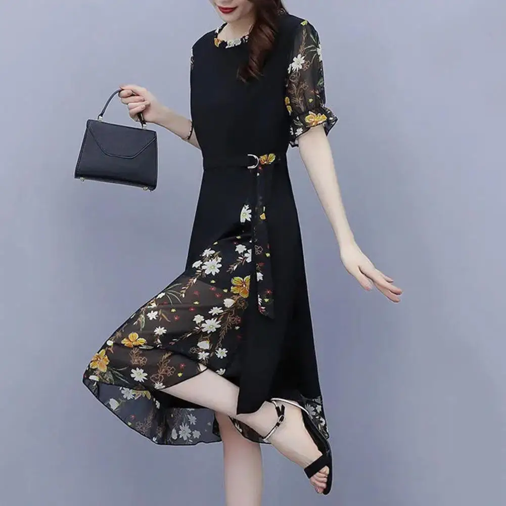 

Floral Stitching Midi Dresses For Women 2023 Office Lady O Neck Puff Short Sleeve Waist Tight Dress Fake Two Pieces Floral Dress