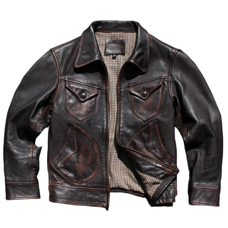 

Темно-коричневая зимняя кожаная куртка мужская в винтажном стиле размера плюс 5XL из натуральной толстой воловьей кожи с четырьмя карманами кожаное пальто