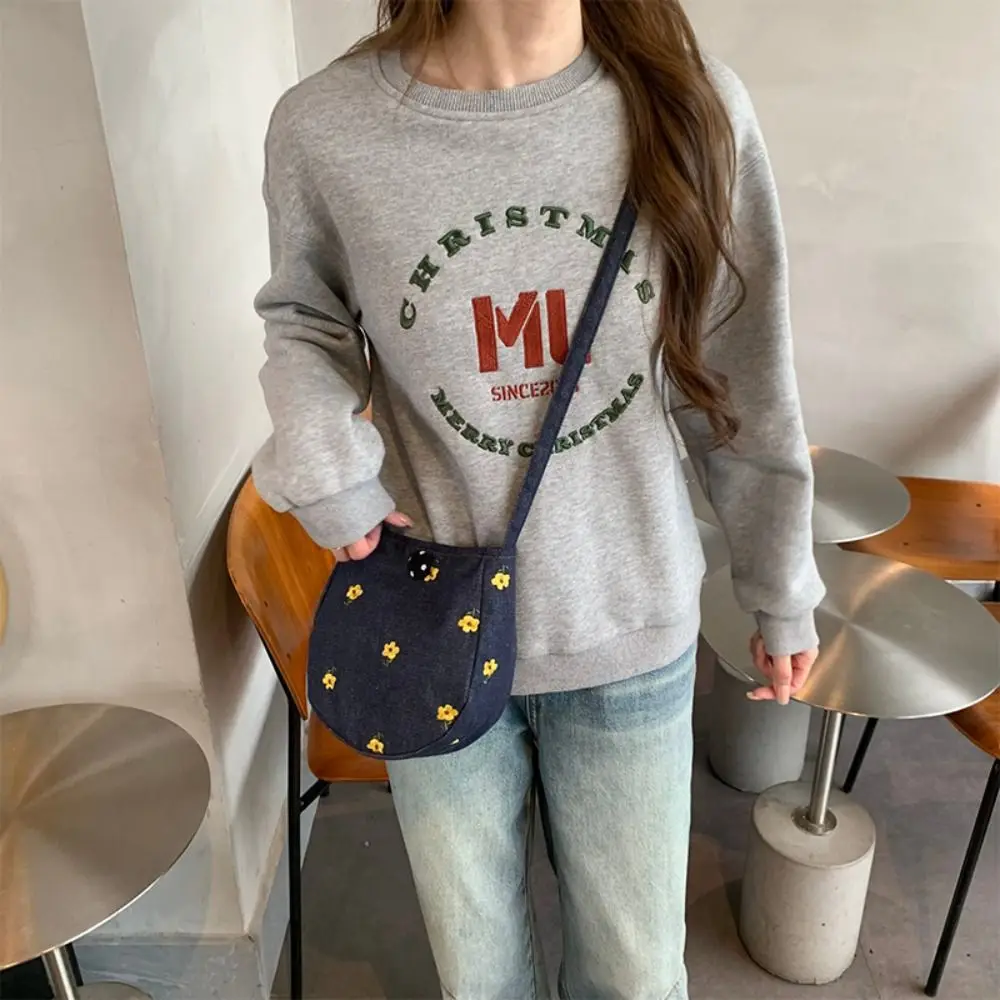 

Y2K Denim Canvas Bag Cute Large Capacity Embroidered Cherry Crossbody Bag Handbag Country Style Flower Shoulder Bag Students