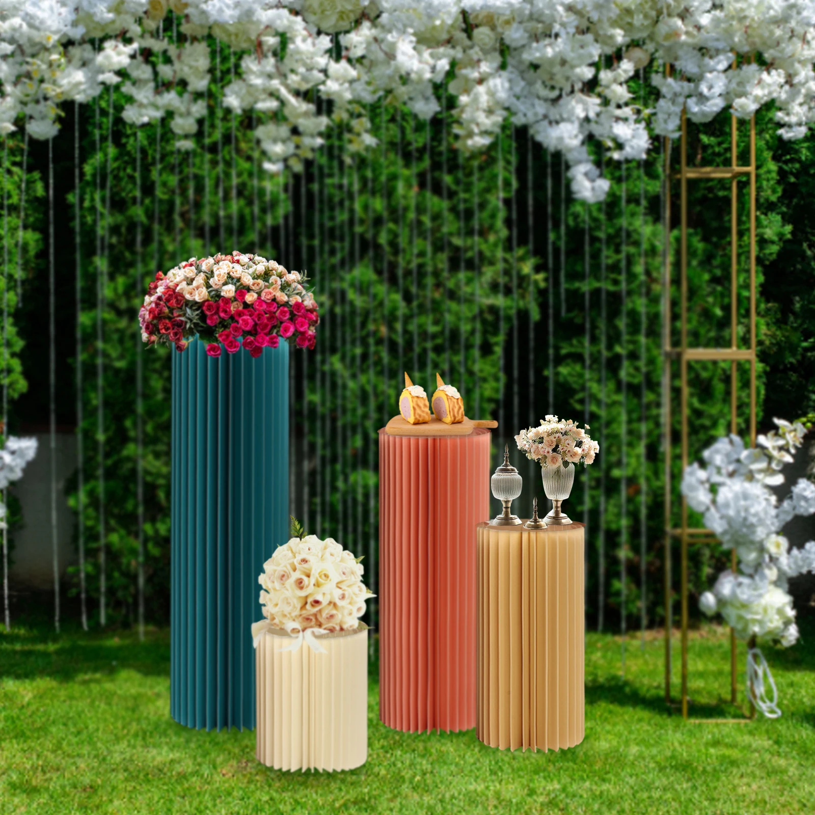 Foldable Paper Columns Display Pedestals Stands for Wedding Birthday Party Decoration Four Packs White Champagne Light Pink Blue