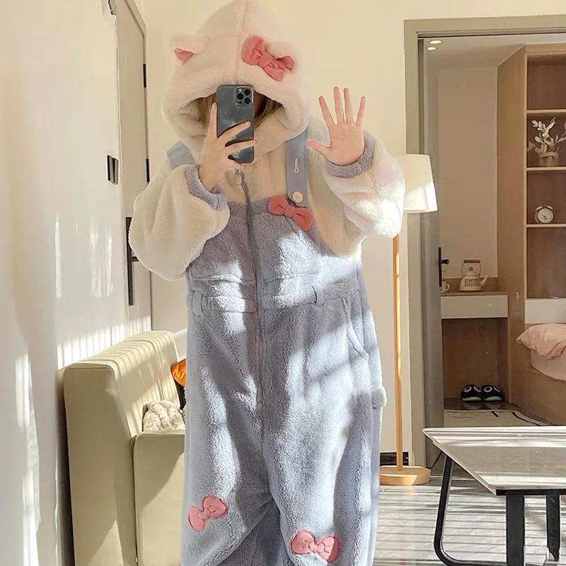 

Cartoon New Women Winter One-Piece Pajamas Coral Fleece for Kawaii Sanrio Keep Warm Style Sweet Girl Student Cute Hooded Pajamas