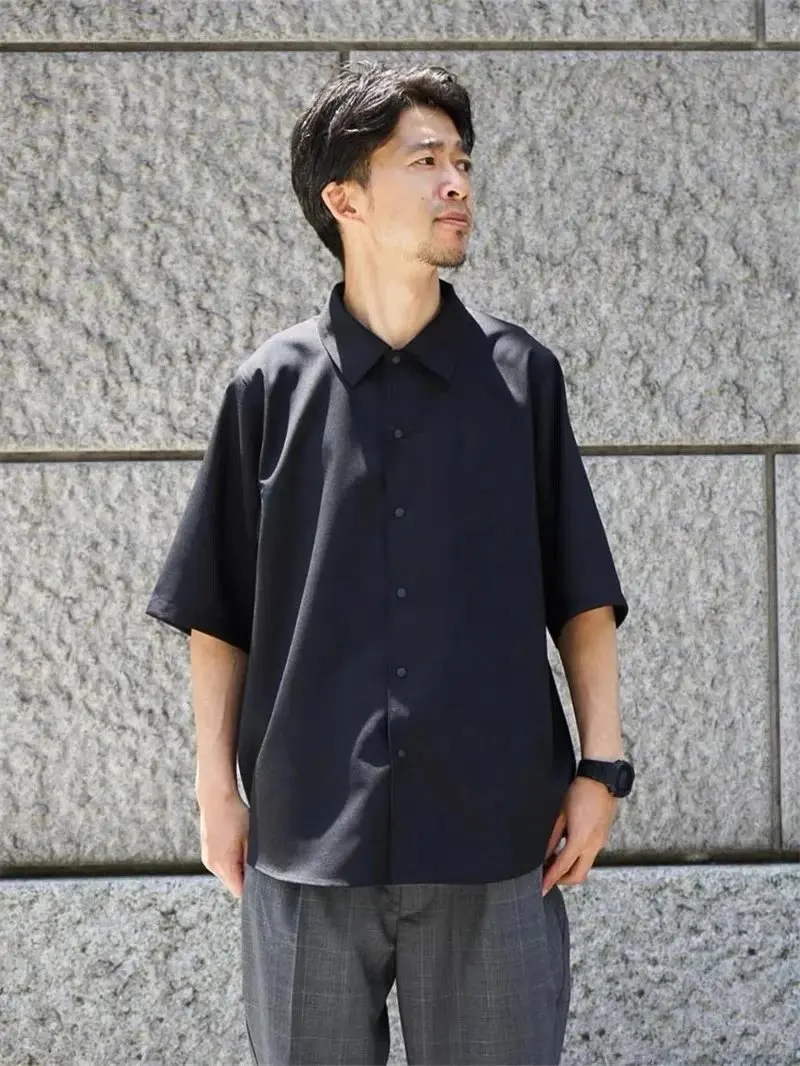

GDW Outdoor Wool Blend Loose Fit Short Sleeve Shirt Breathable Comfortable Commute Shirt Men's Cleanfit Style Pure Color Shirt