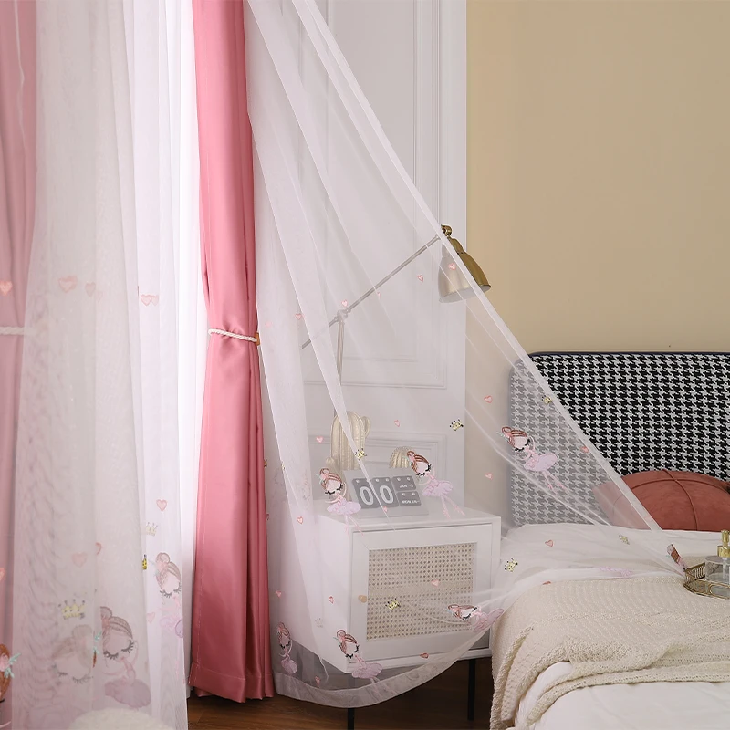 Modern Double Layered Curtain for Living Room Solid Color Cloth Curtain Plus Embroidered Sheer Curtain for Girls' Bedroom