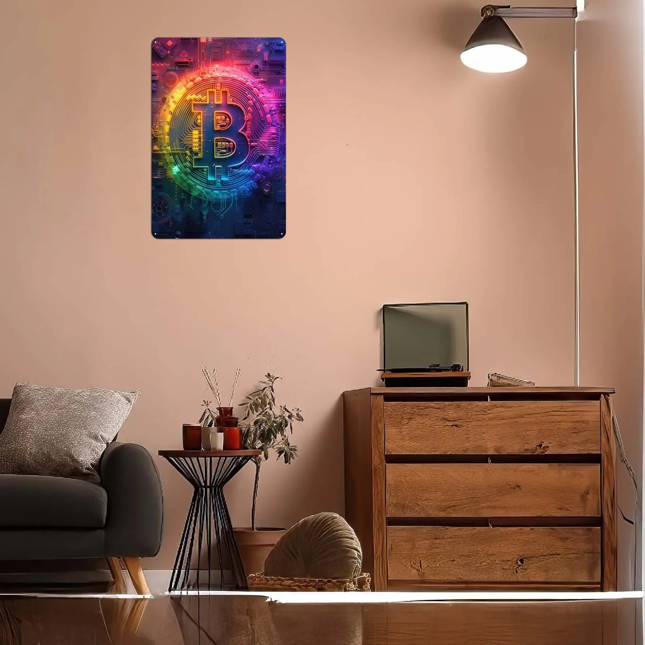 Neon Rainbow Bitcoin Logo Abstract Metal Poster Man Cave Retro Metal Tin Sign Plaque for Wall Art Decoration House Decor Room