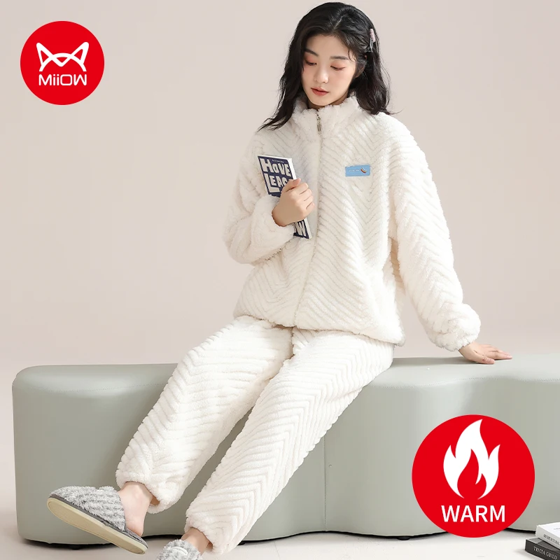 MiiOW White Coral Fleece Women\'s Winter Pajamas Set Thicken Flannel Warm Sleepwear Loose 2XL Zipper Soft Homewear Woman Pyjamas