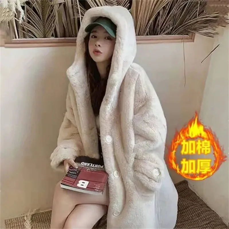 Winter Mink Fur Hooded Mid Length New Style With Cotton and Thick Faux fur Women's Mink Fur Oversized Loose Jacket Slimming New