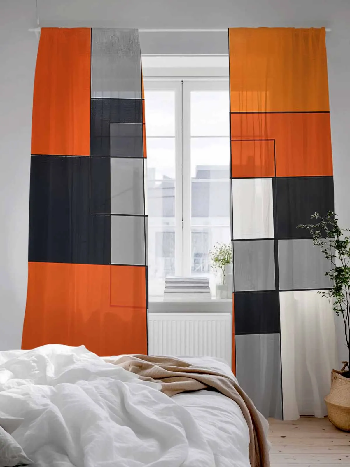

Modern Orange Color Block Sheer Curtains For Living Room Window Voile Tulle Curtain Bedroom Decoration
