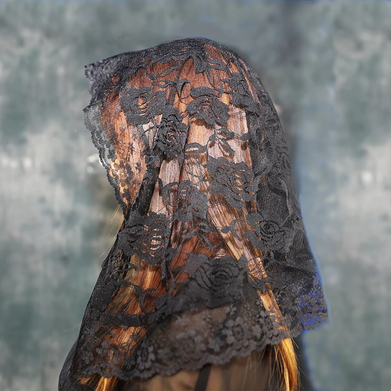 Mantilla de velo de encaje negro para Iglesia, cabeza de misa latina católica que cubre Vela Mantilla Negra Voile Dentelle Vela Negra Mantilla