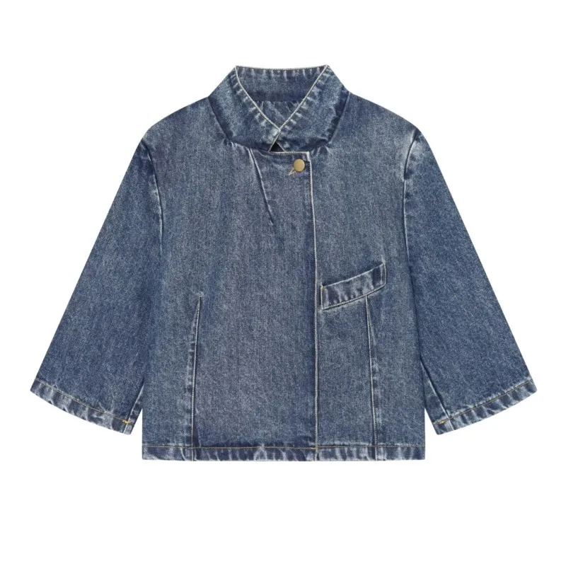 HipSeam Women's Cropped Denim Blazer New 2026 Autumn Simple High-Neck Half Sleeve Single Button Women Short Coats Female Tops