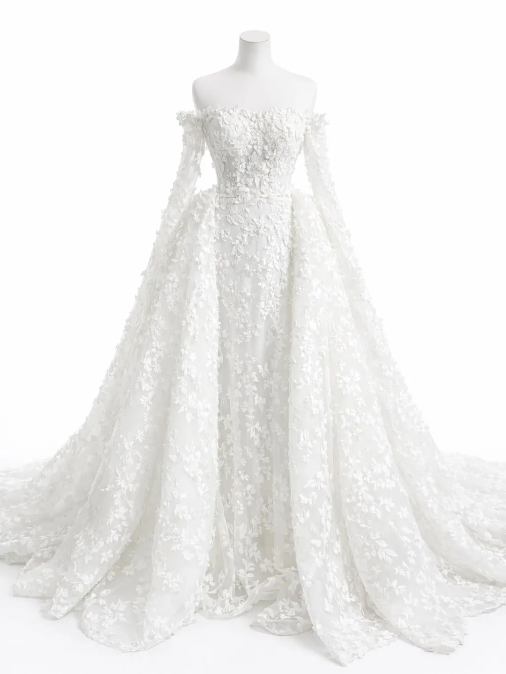 Luxury White Off-Shoulder 3D Floral Lace A-Line Dress with Sheer Sleeves Women Cathedral Wedding Customized D262005-1