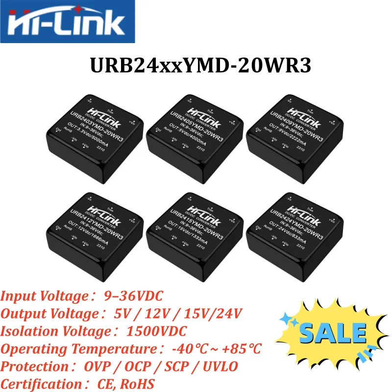

Hi-Link Original URB2412YMD-20WR3 20W Isolated DC-DC Power Module 9-36V Wide Input 5V 12V 15V 24V Single Output 1500V Isolation