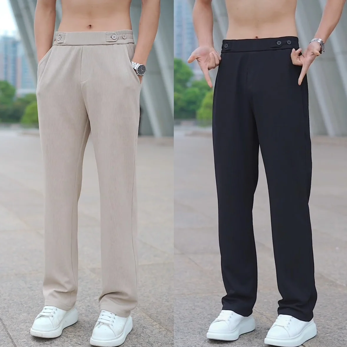 

Summer Thin Ice Silk High Elastic Casual Pants Men's Fashion Versatile Loose Simple Pure Color Drape Straight Leg Pants