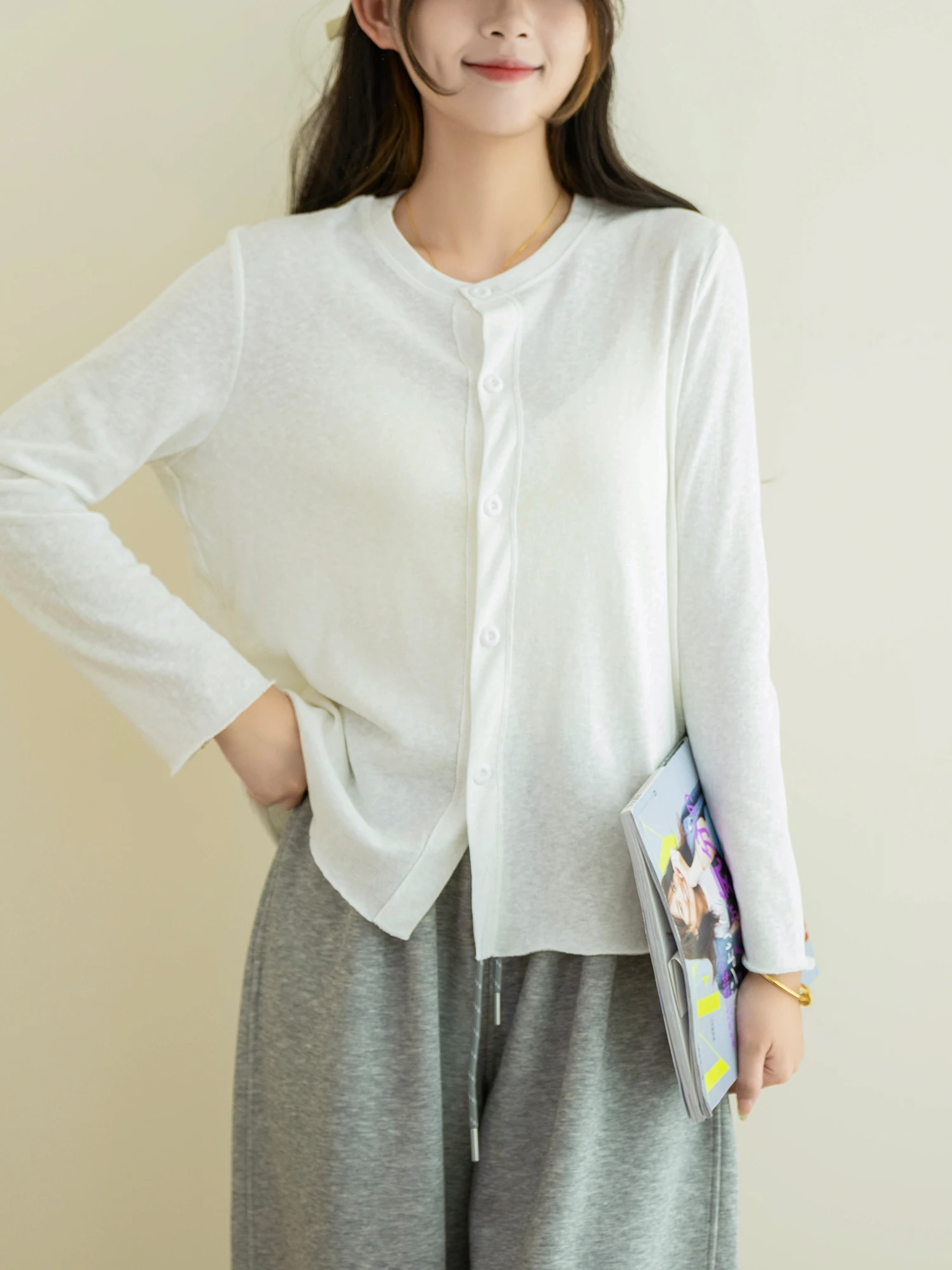 

Lightweight Cotton Linen Open Cardigan Women's round Ne Single Button Soft Comfortable Breathable Vintage Sle Long Sve