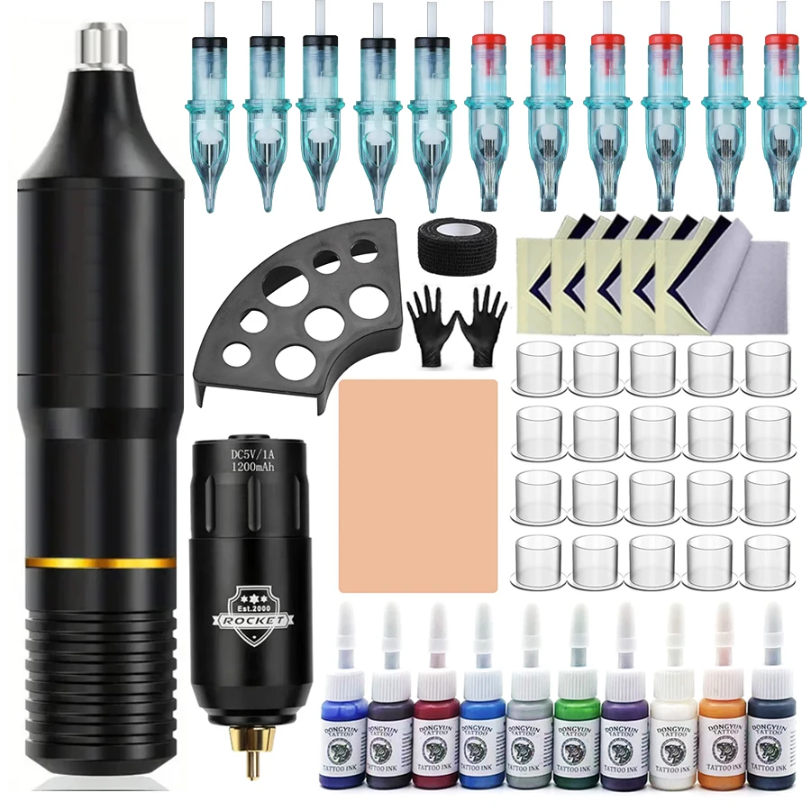 Tattoo Machine Set Needles Color Inks Inks Cups With Wireless Tattoo Power Supply Tatoo Pen Complete Tattoo Kit Suitable For Tat