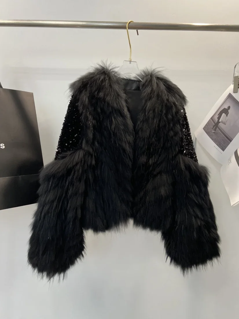 جديد الراكون الشعر سيارة شرائط معطف جلد فاخر خفيف للنساء + تصميم الترتر الصناعة الثقيلة