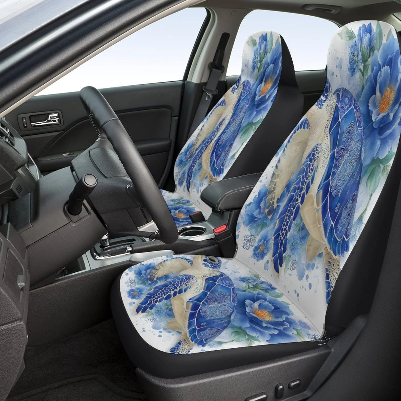 Blue Turtle Floral Designed Car Seat Cover Set For Most Cars, Trendy Novelty High-quality Car Seat Protector Covers Full Set, Un