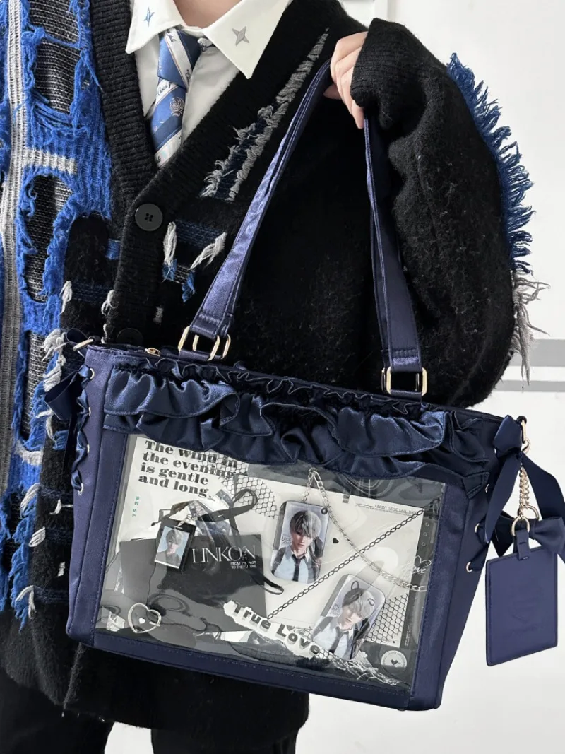 Japanese Original Sweet Cute Wave Satin Pain Bag Crossbody Shoulder Handbag Large Capacity Ribbon Bow Shopping Bags For Girls