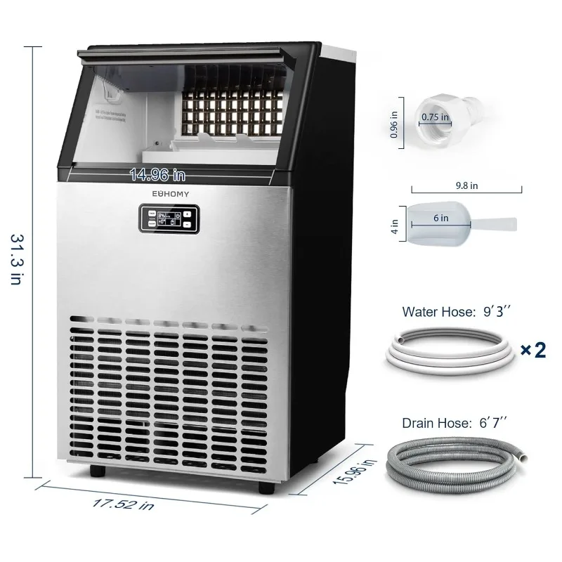 Commercial Ice Maker Machine, 100lbs/24H Stainless Steel Under Counter with 33lbs Ice Storage Capacity, Freestanding Ice Maker