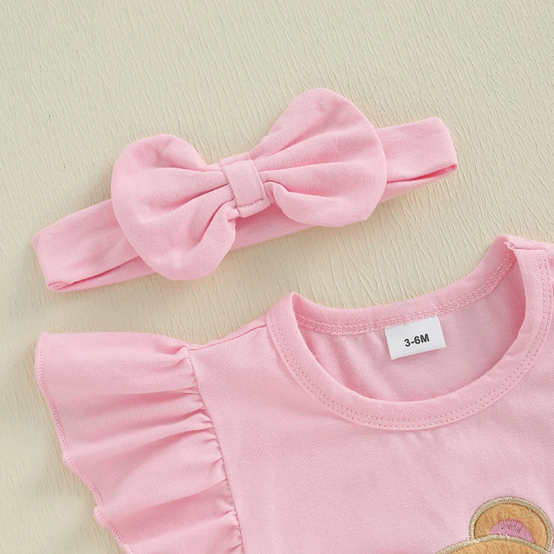 طقم شورت للفتيات الصغيرات بأكمام قصيرة على شكل دب/بقرة، شورت بخصر مطاطي مع ربطة شعر ملابس صيفية