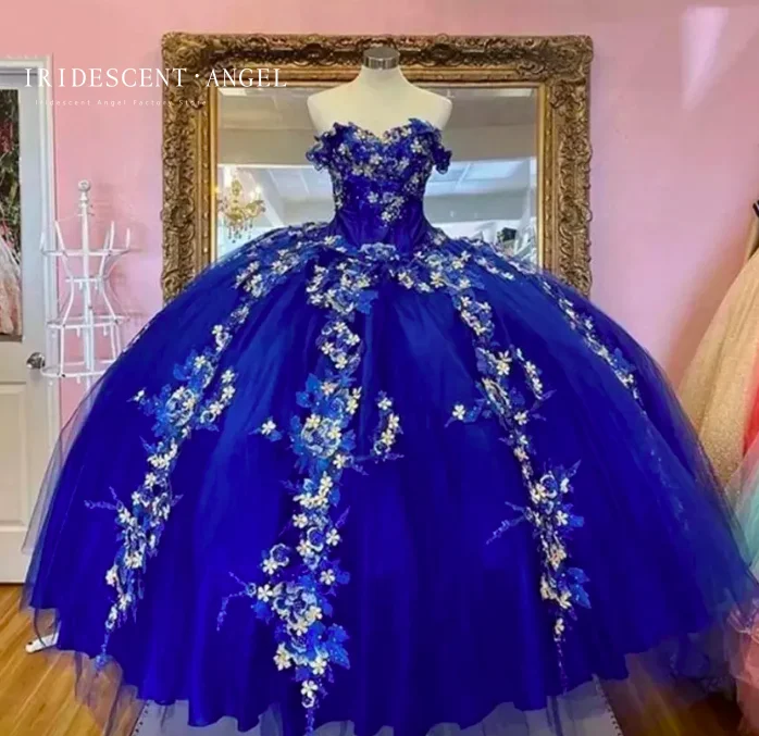 Vestidos de quinceañera azul real de cristal de lujo iridiscente, apliques de flores 3D, fiesta de cumpleaños de princesa, corsé de 15 años