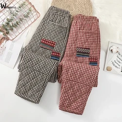 Loose Elastic High Waist Warm Cotton Pantalones Mother's Casual Quilted Thicken Pants Vintage Patchwork Plaid Winter Pants Women