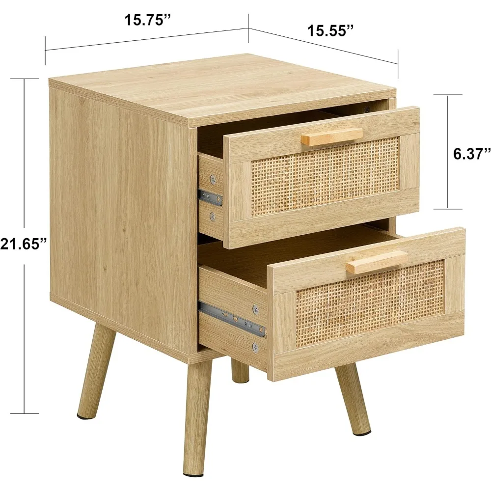 Nachtkastje Set Van 2, Nachtkastje Met 2 Handgemaakte Rotan Versierde Laden, Houten Accenttafel Met Opbergruimte Voor Slaapkamer, Natuurlijk