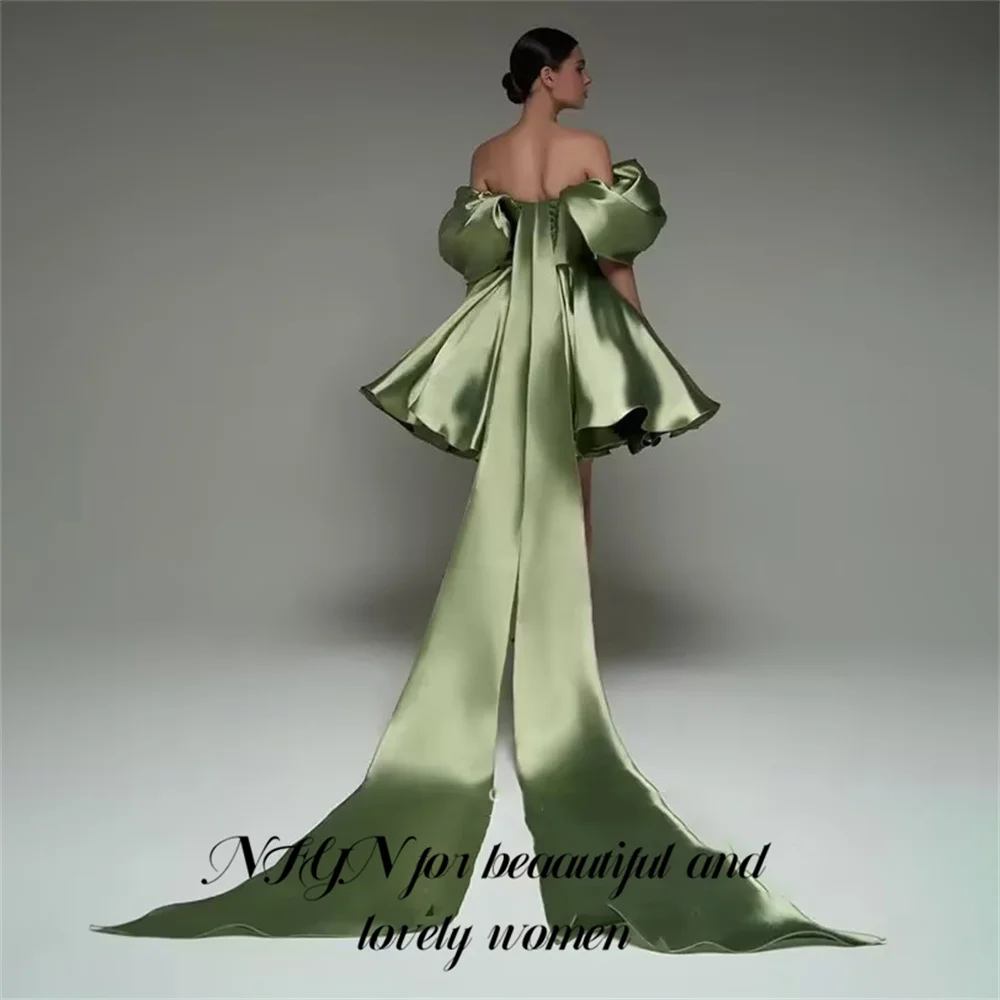 

NFYN Green Elegant Formal Gown Satin Off-Shoulder Sleeve Prom Dresses Ball Gown Pleated Evening Dresses حزب فساتين Customized