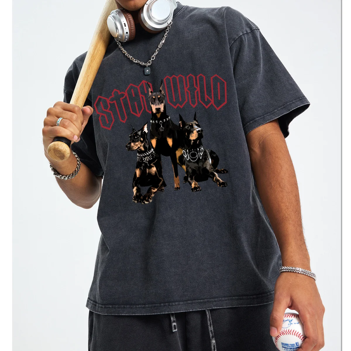 

Oversized 2025 Men T-shirts American Style Casual Loose Dobermann Printed Black Washed Tees Summer Crewneck Short Sleeve Street