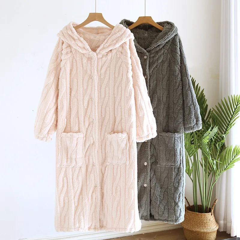 

Autumn Winter Women's Flannel Fleece Thickened Nightgown Hooded Long Fattened Large Size Coral Fleece Pajamas Sleepwear