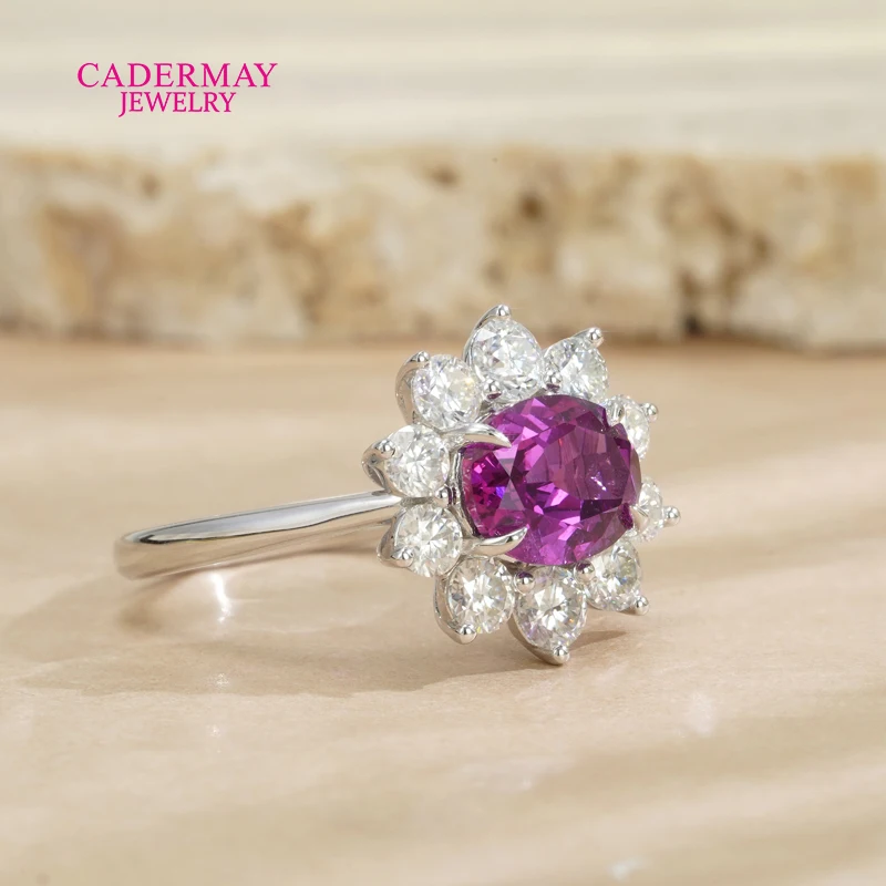 Cadermay 925 Silver 7x9mm Oval Shape Rose Purple Colorful Lab Sapphire Halo Moissanite Promise East-West Rings for Women Party